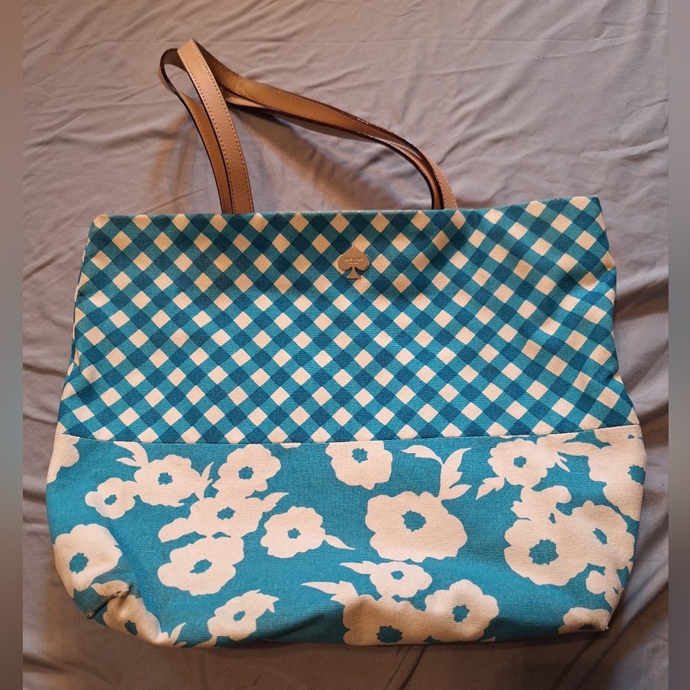 Blue Kate Spade Floral and Gingham Tote Bag with Storybook Lining